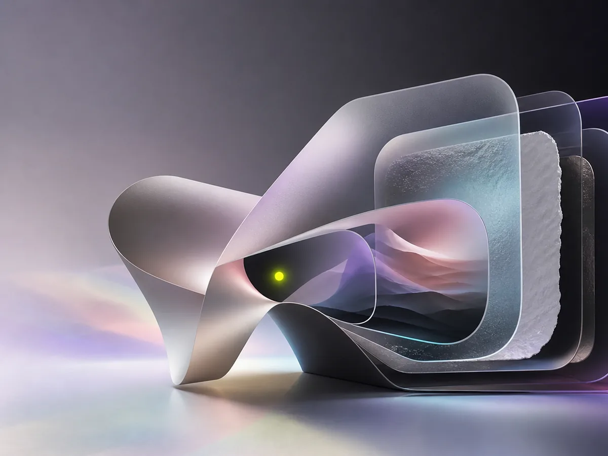 The paper study reimagined as nested prismatic frames and a luminous ribbon.